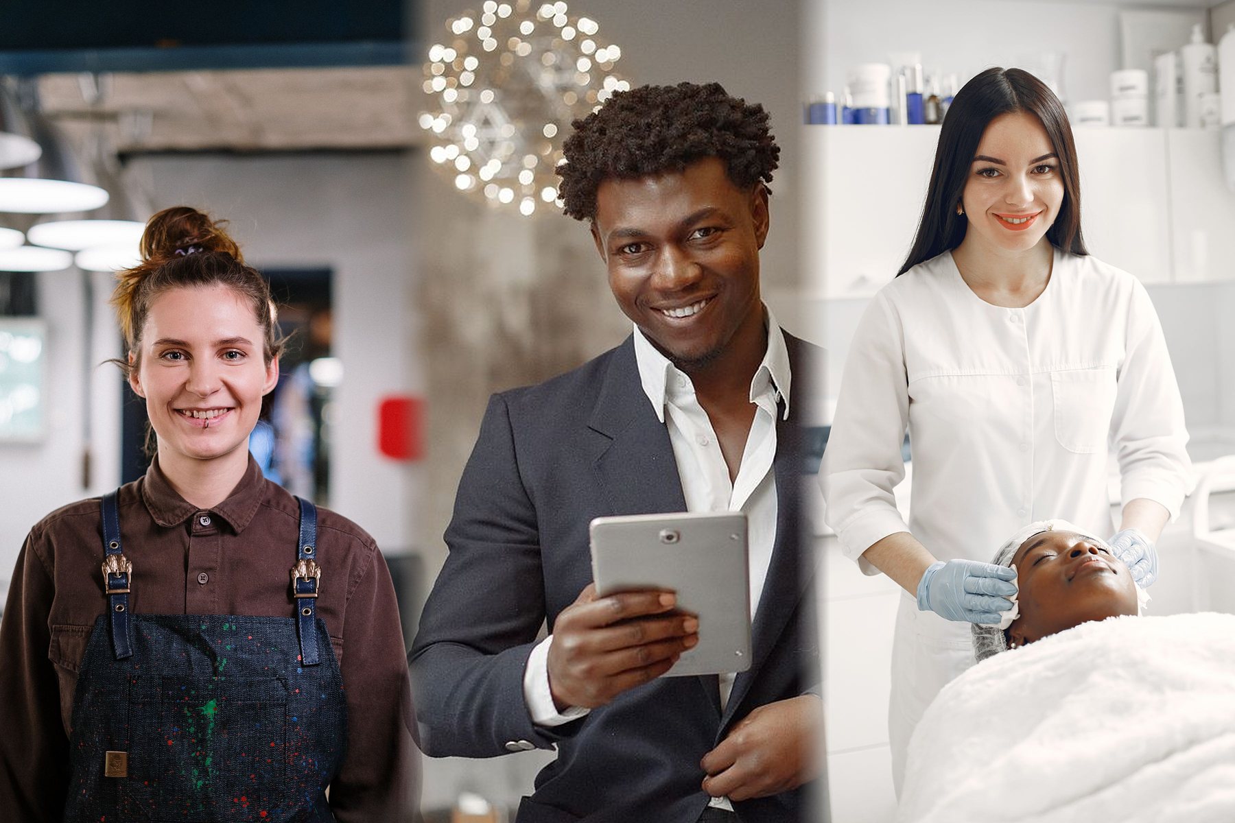 Gastronomin, Unternehmer mit Tablet und Kosmetikerin in ihren Betrieben