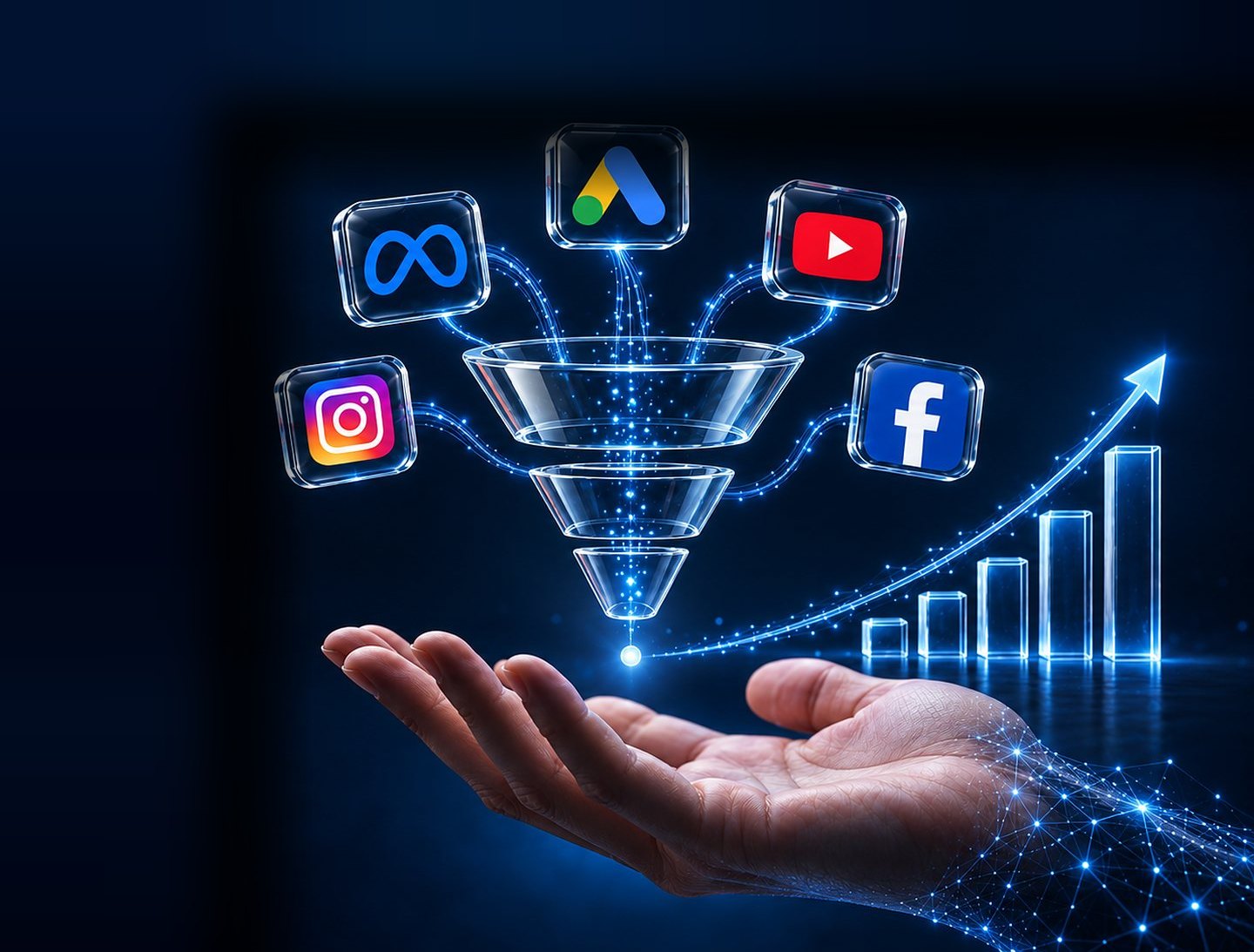 Glas-Funnel mit Meta, Instagram, Facebook, Google Ads und YouTube