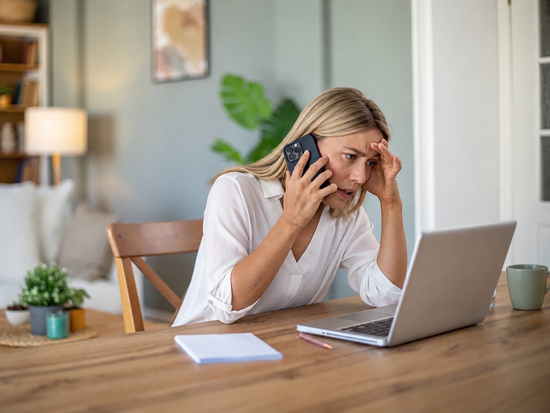 Selbstständige sitzt besorgt am Laptop und telefoniert